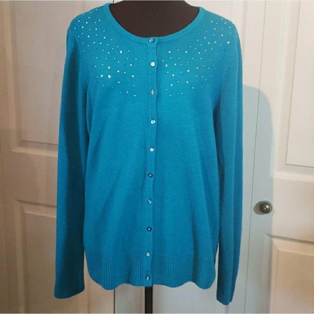 CJ Banks Teal Rhinestone Button Up Long Sleeve Sweater